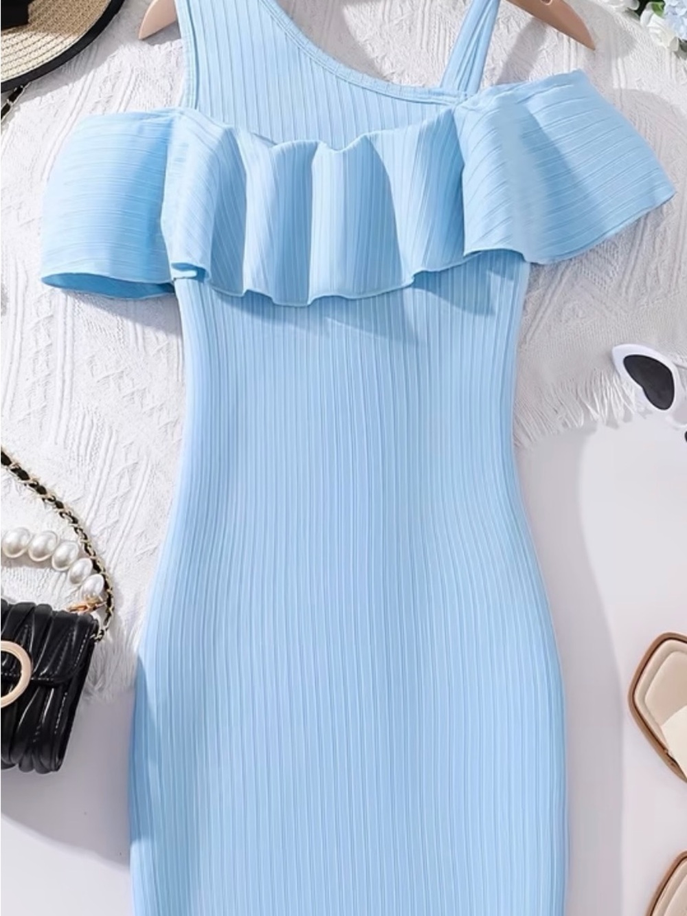 Light Blue One-Shoulder Ruffle Kids Dress